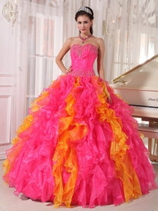 Hot Pink Orange Sweetheart Organza Sequins Quinceanera Dress