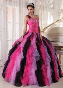 Multi-colored Ball Gown One Shoulder Organza Ruffles