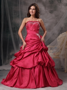 Flower Decorate Neckline Beaded Quince Dress with Pick-ups