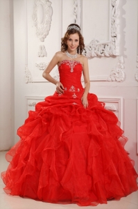Red Strapless Organza Beading Ruffles Quinceanera Dress
