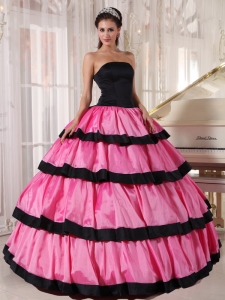 Rose Pink and Black Quinceanera Dress Strapless Taffeta