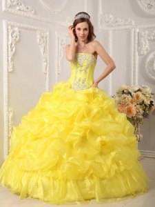 Yellow Strapless Organza Beading Quinceanera Dress