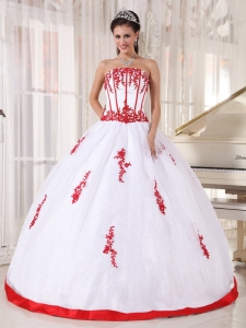 White Ball Gown Strapless Quinceanera Dress Satin and Organza
