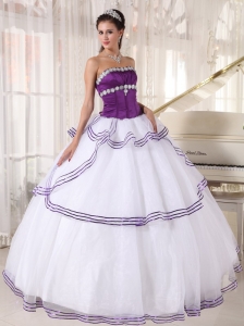 Quinceanera Dress White and Purple Organza Appliques