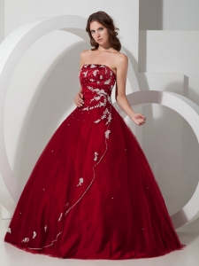 Wine Red Quinceanera Dress Satin Beading Tulle Appliques