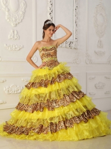 Yellow Quinceanera Dress A-Line Princess Strapless Leopard