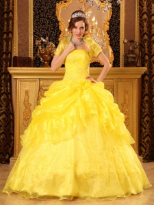 Yellow Strapless Quinceanera Dress Organza Appliques Gown