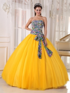 Yellow Quinceanera Gown Strapless Tulle and Printing Sequins