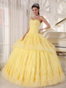 Yellow Sweetheart Organza Appliques Quinceanera Dress