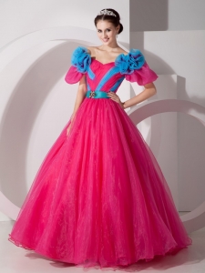 Hot Pink A-line V-neck Quinceanera Dress Organza Floral