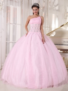 Baby Pink Quinceanera Dress One Shoulder Tulle Beading
