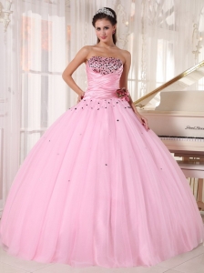 Baby Pink Quinceanera Dress Strapless Tulle Beading Ruch