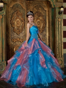 Blue Quinceanera Dress Strapless Organza Beading and Ruffles