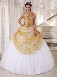 Spaghetti Straps Gold and White Tulle Sequin Quinceanera Dress