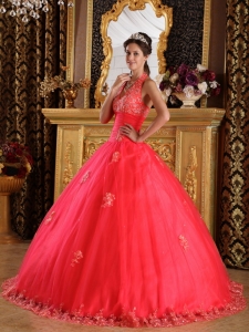 Coral Red Ball Gown Halter Floor-length Appliques Tulle