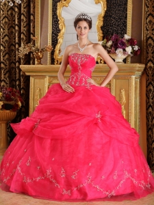 Coral Red Strapless Organza Appliques Quinceanera Dress