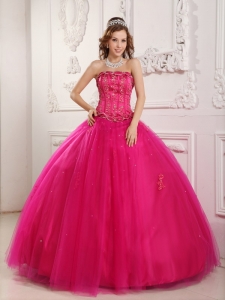 Strapless Quinceanera Gown Dress Tulle Beading Hot Pink