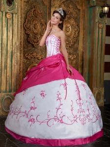 Hot pink Ball Gown Strapless Embroidery Satin Quinceanera Dress