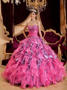 Hot Pink Ball Gown Sweetheart Beading Leopard and Organza