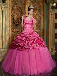 Sweetheart Hot Pink Organza Appliques Quinceanera Dress