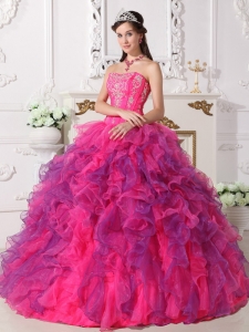 Hot Pink and Purple Ball Gown Sweetheart Organza Embroidery