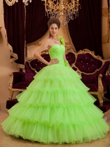 Quinceanera Dress One Shoulder Floor-length Ruffles Spring Green