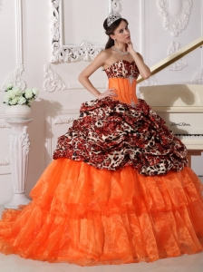 Orange Quinceanera Dress Sweetheart Leopard Organza Appliques