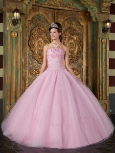 Pink Quinceanera Dress Strapless Floor-length Appliques Tulle