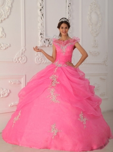 Pink Ball Gown V-neck Taffeta and Organza Appliques with Beading