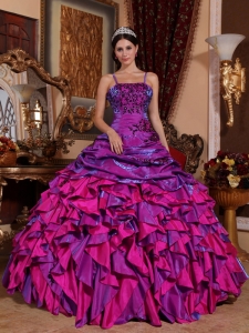 Purple and Fuchsia Straps Satin Embroidery Beading Ball Gown
