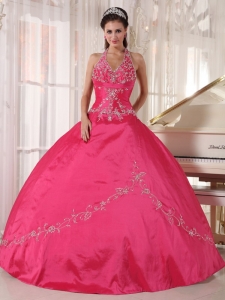 Hot pink Ball Gown Halter Taffeta Appliques Quinceanera Dress