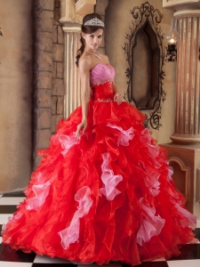 Red Quinceanera Dress Strapless Organza Beading and Ruffles