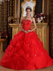 Red Quinceanera Dress Strapless Floor-length Pick-ups Tulle