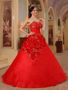 Red Quinceanera Dress Sweetheart Organza Handle Flowers