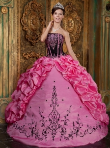Hot Pink Strapless Embroidery Taffeta Quinceanera Dress