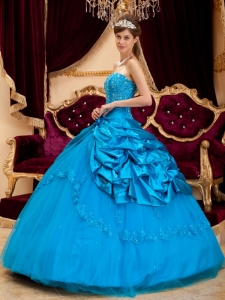 Blue Ball Gown Strapless Taffeta and Tulle Lace Appliques
