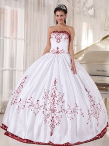 Embroidery White And Wine Red Quinceanera Dress Strapless Satin