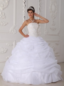 White Ball Gown Strapless Floor-length Organza Lace