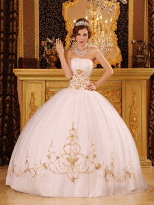 White Strapless Satin and Organza Appliques Ball Gown