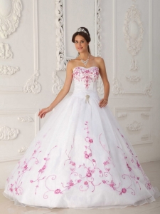 White Strapless Quinceanera Dress Satin and Organza Embroidery