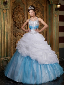 White and Blue Halter Floor-length Beading Quinceanera Dress