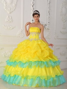 Ball Gown Yellow Strapless Organza Beading and Ruffles