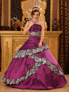 Embroidery Dark purple Strapless Taffeta Quinceanera Dress
