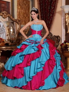 Ball Gown Aqua Blue and Red Strapless Taffeta Embroidery
