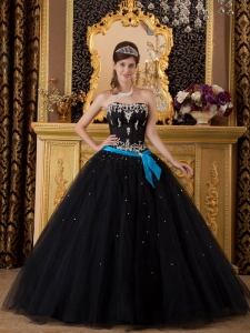 Appliques Quinceanera Gown Beaded Black and Blue