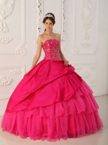 Ball Gown Strapless Beading Hot Pink Sweet 15 Dress