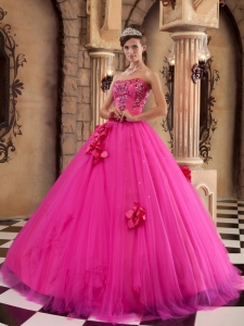 A-line Quinceanera Dress Hot Pink Beaded Hand Flowers