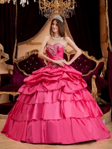 Hot Pink Sweetheart Quinceanera Dress Taffeta Appliques