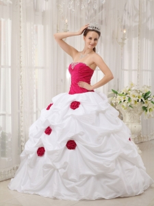 Hot Pink and White Handle Flower Quinceanera Dresses