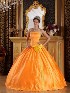 Orange Strapless Satin Embroidery Quinceanera Ball Gown